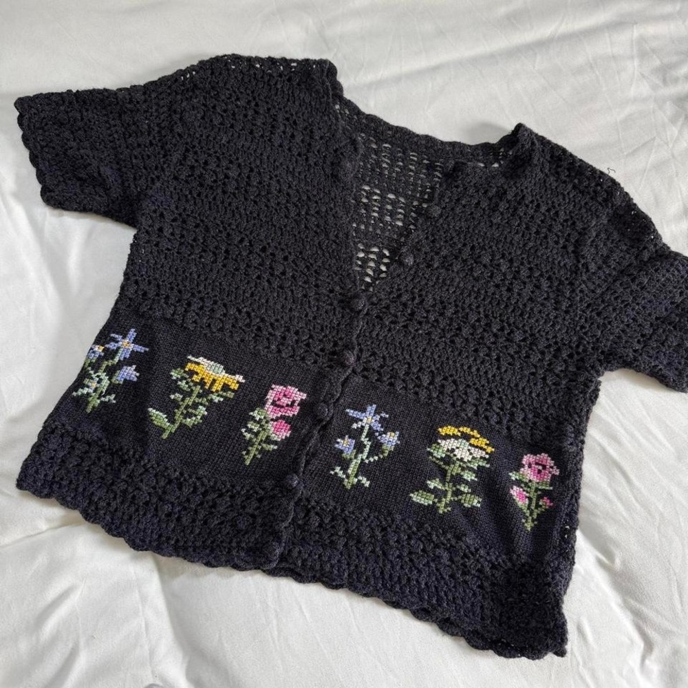 floral crochet cardigan  90s black crochet cardigan